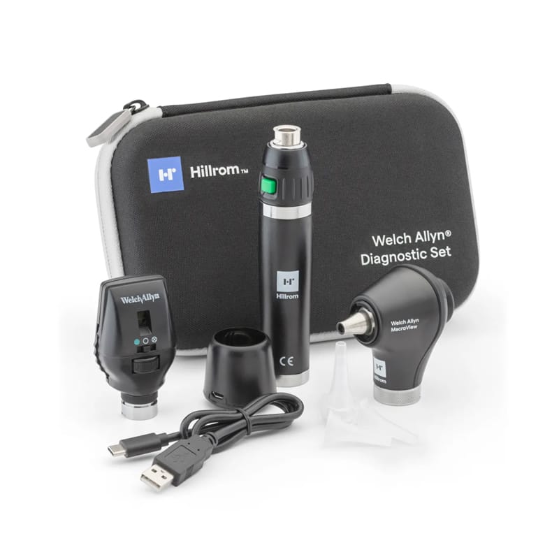 Welch Allyn, ensemble de diagnostic 3.5V avec ophtalmoscope Coaxial DEL, otoscope MacroView DEL, un manche rechargeable au lithium-ion et un étui rigide.